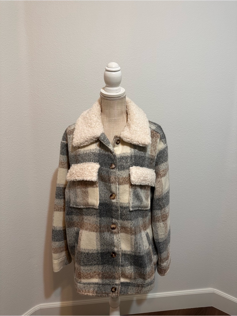 Plaid Teddy Collar Shacket Jacket - Cream, Gray & Brown